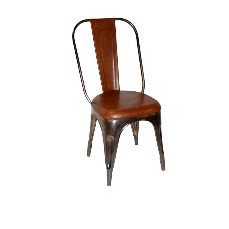 Stuhl mit braunem Leder - Gestell gl&auml;nzend